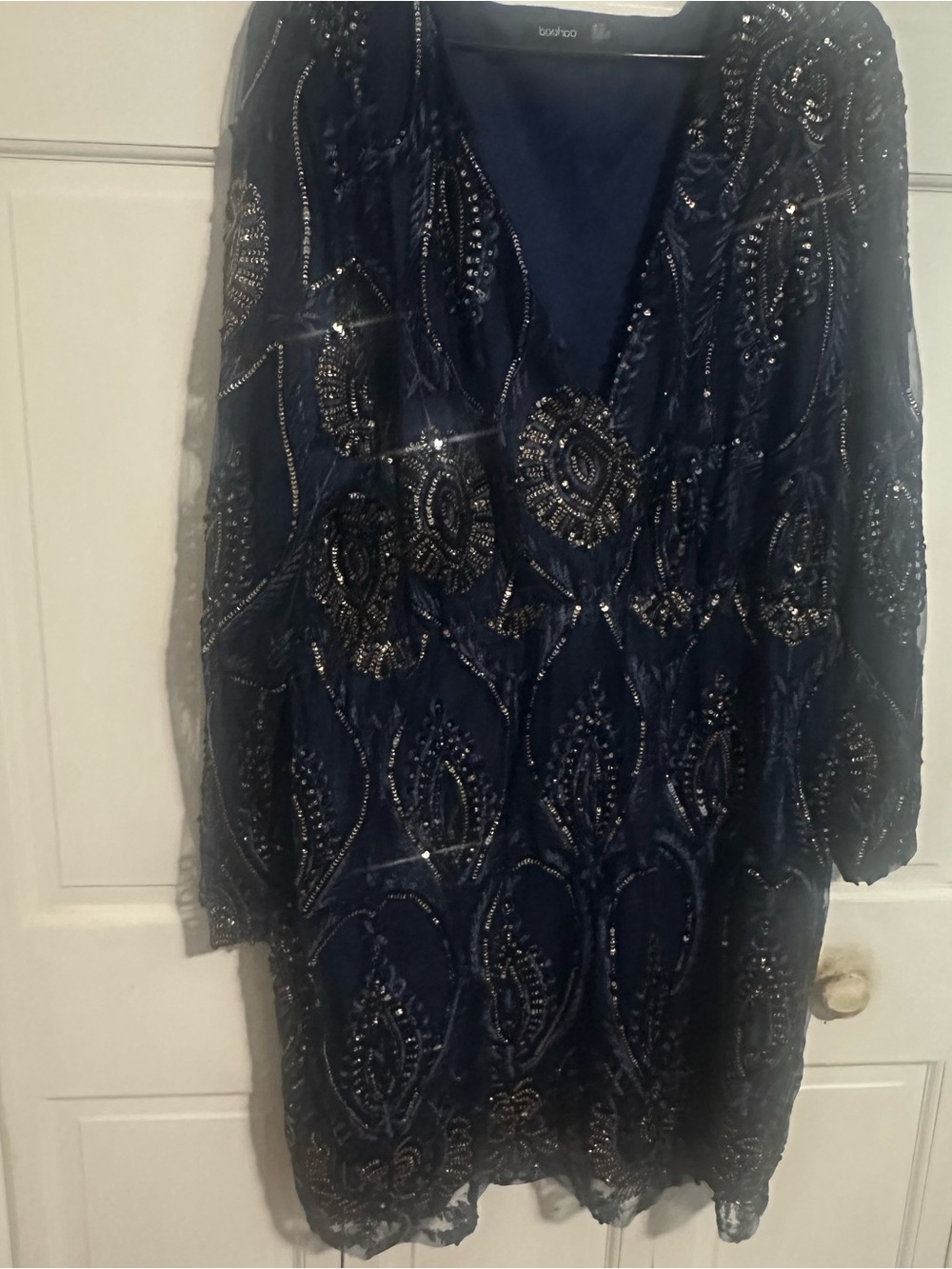 Boohoo Navy Beaded Long Sleeve V-Neck Overlay Dress
